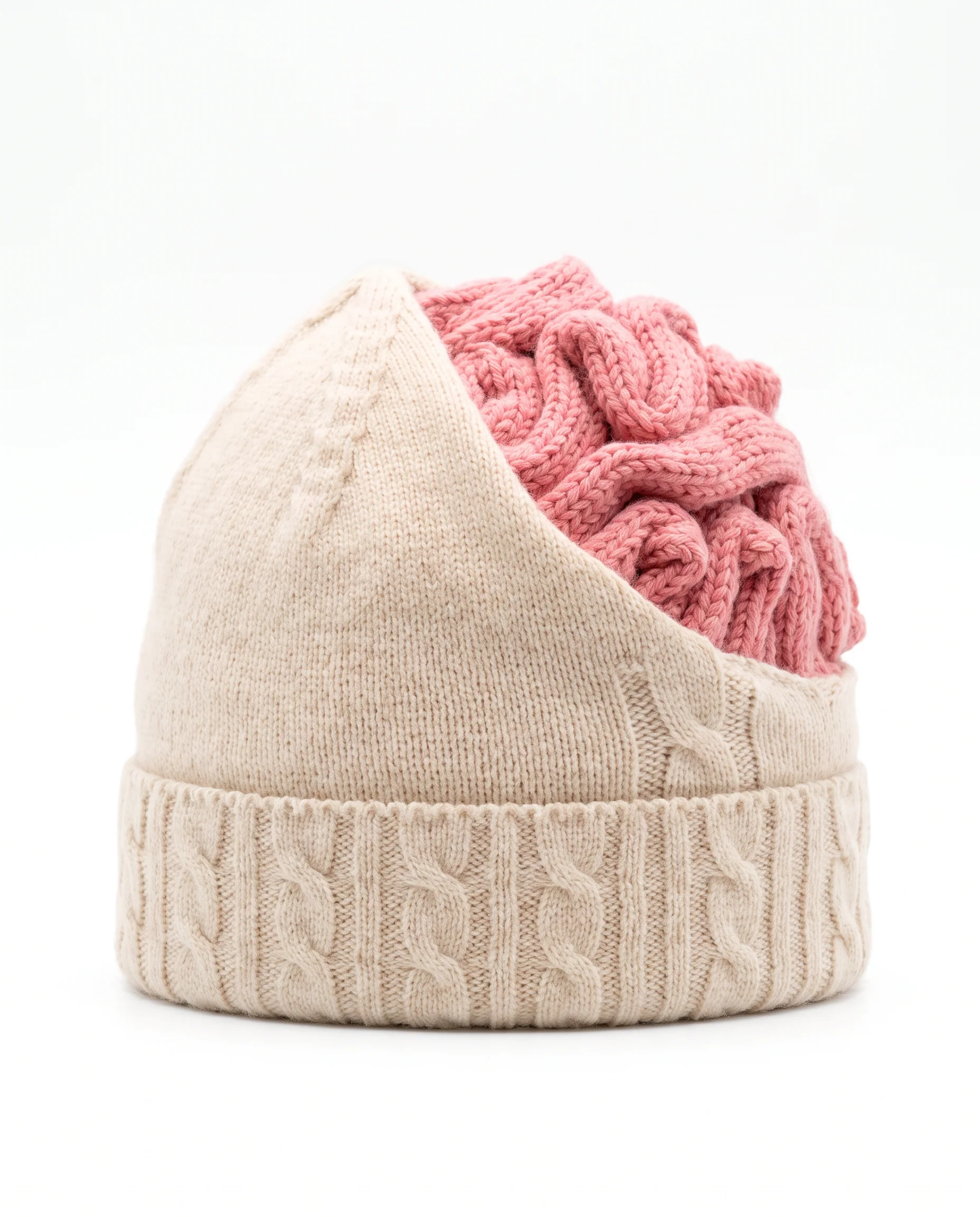 beige knit beanie with pink crocheted brains bursting through top of hat