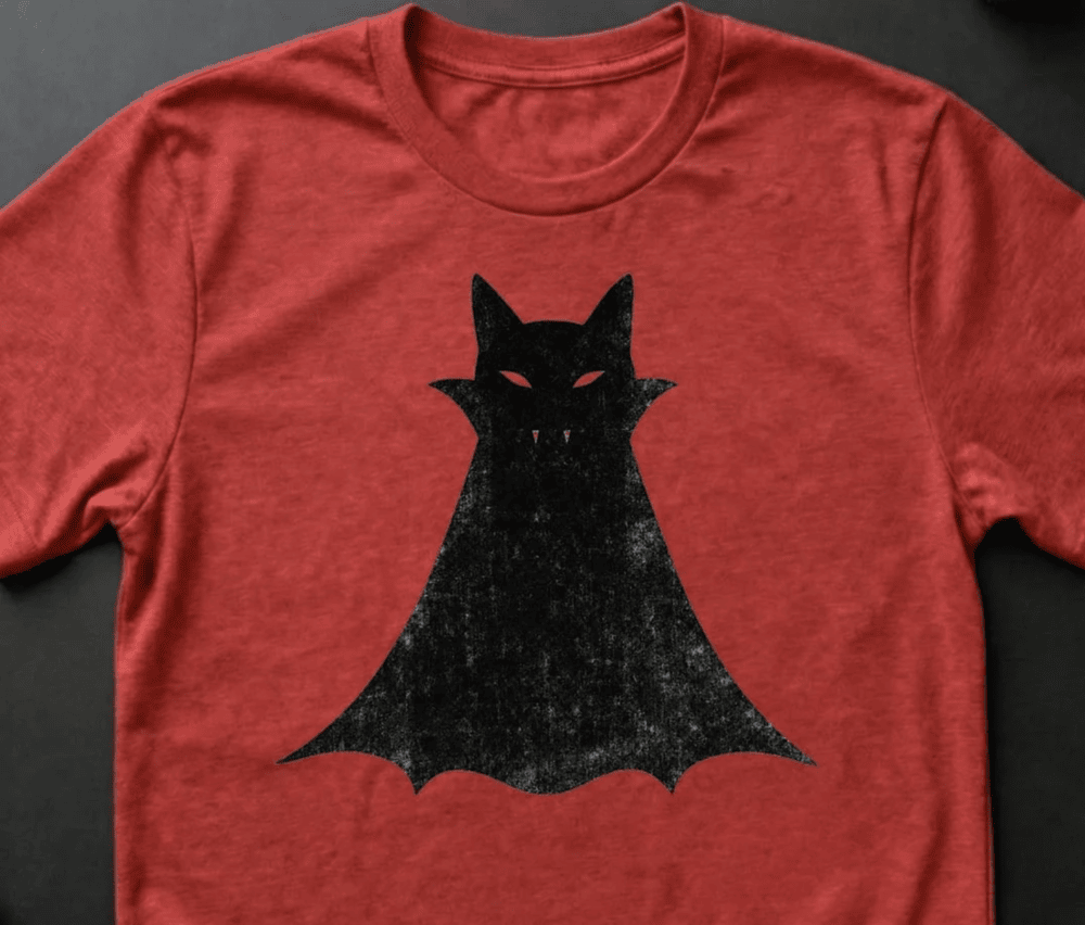 black cat dracula print on red t-shirt