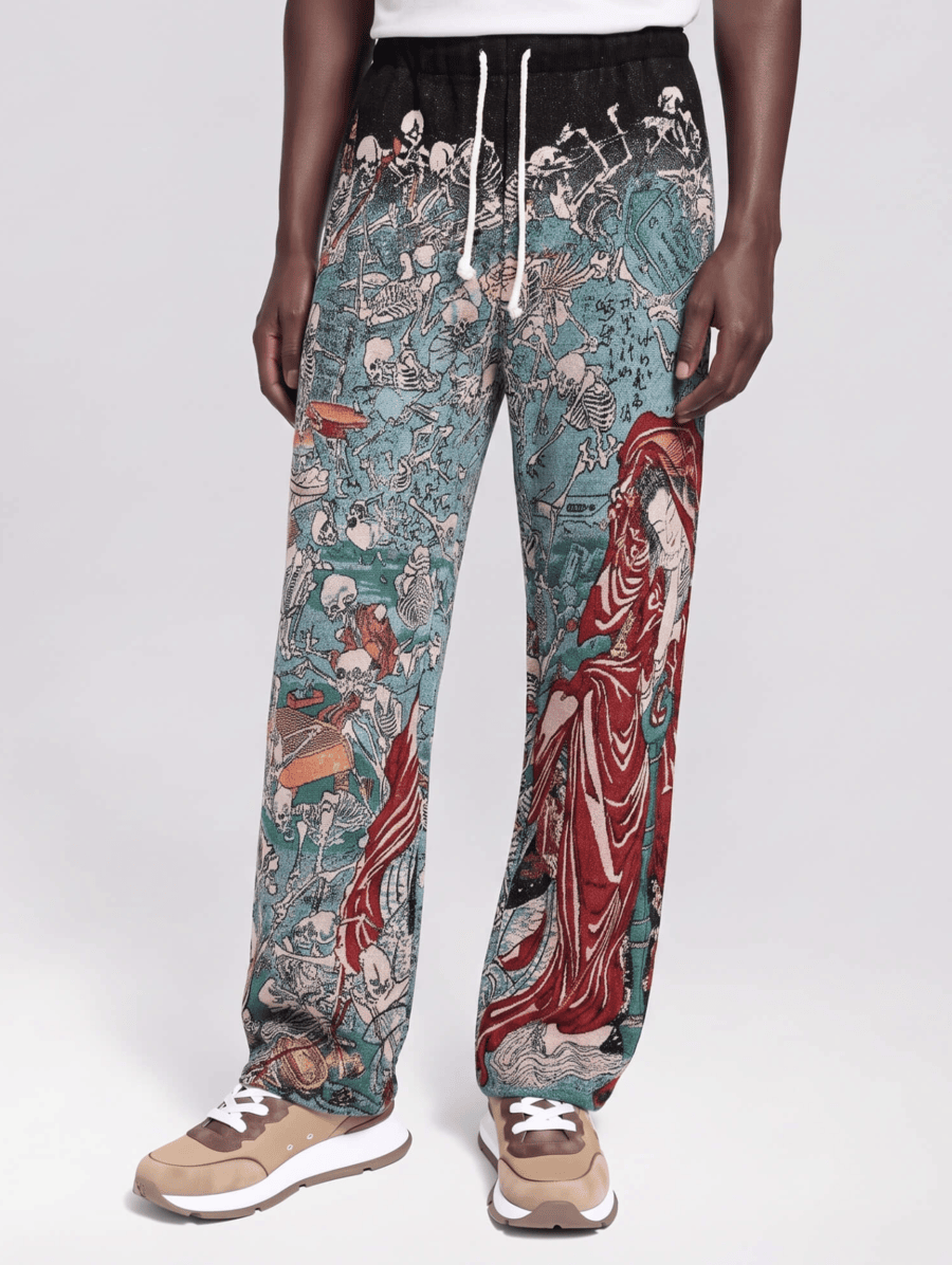 man wearing striking colorful pants