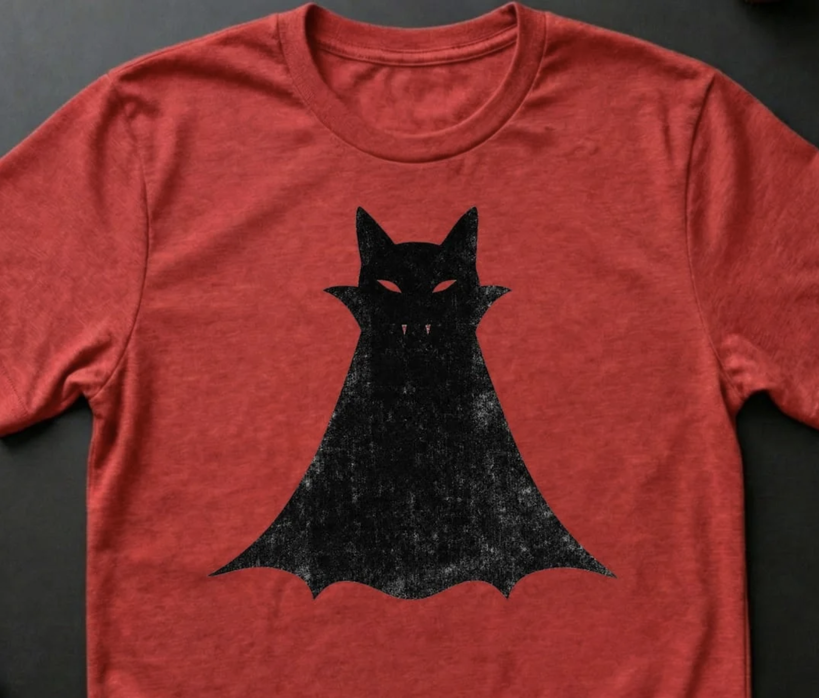 black cat dracula print on red t-shirt